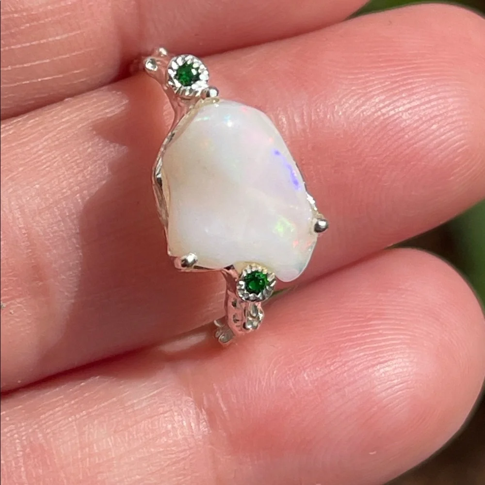Natural Opal and Chrome DiopsideAccent 925 Sterling Silver Ring Size 7